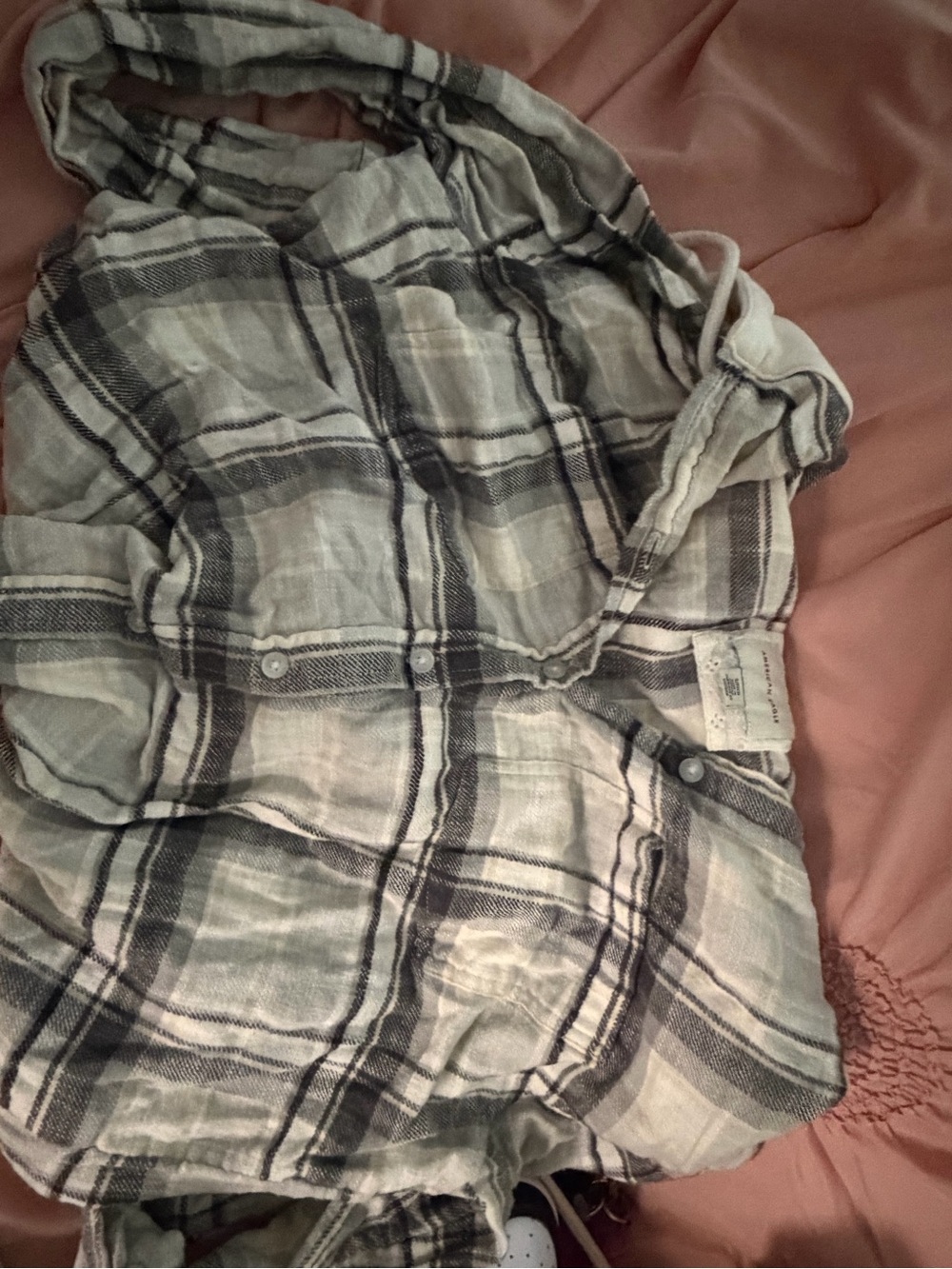 American Eagle Outfitters Light Gray and Black Plaid Button-Down Shirt